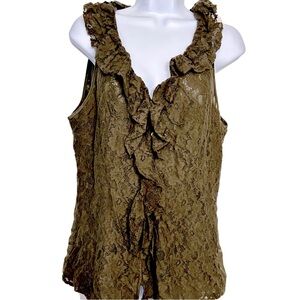 Banana Republic Olive Green Button Down Front Lace Ruffle Blouse Women’s SZ 12